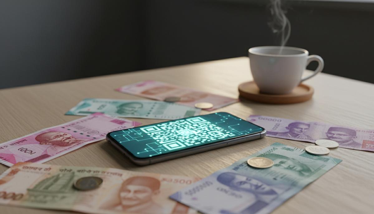 Смартфон с QR-кодом на экране лежит на деревянном столе рядом с банкнотами индийских и индонезийских рупий.