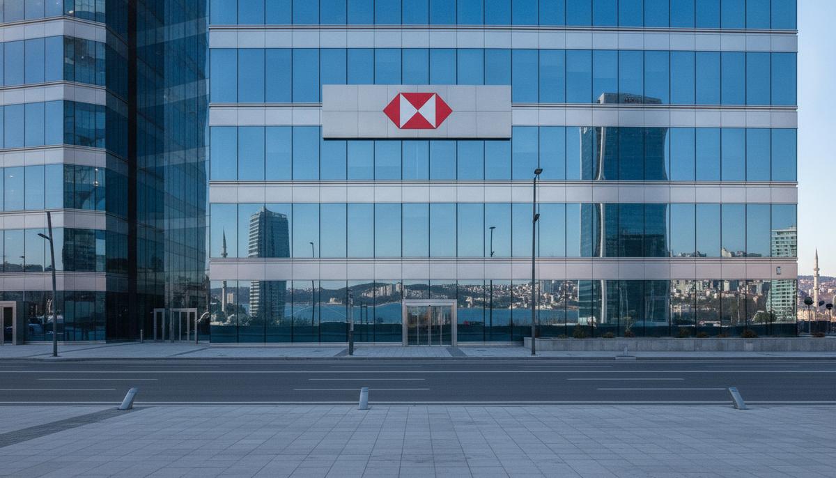 Современный стеклянный фасад здания банка HSBC в деловом районе города с крупным красным логотипом на стене.