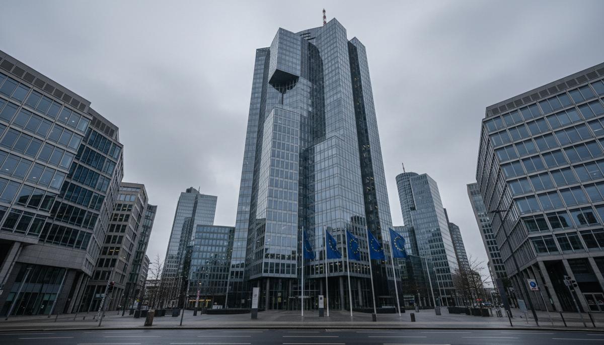 Небоскреб Commerzbank из стекла и бетона в деловом центре Франкфурта на фоне пасмурного неба и флагов Евросоюза.