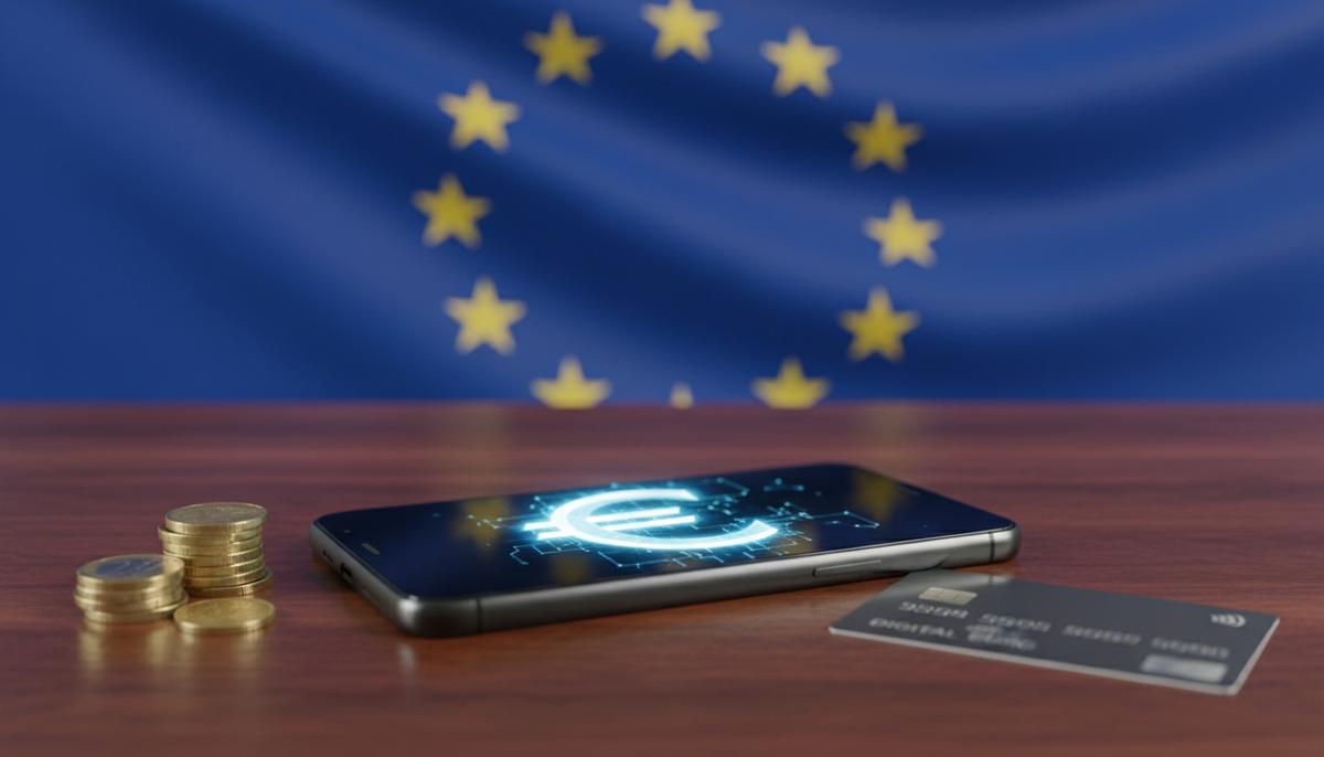 Смартфон со светящимся символом цифрового евро на экране лежит на столе рядом с монетами на фоне флага Евросоюза.
