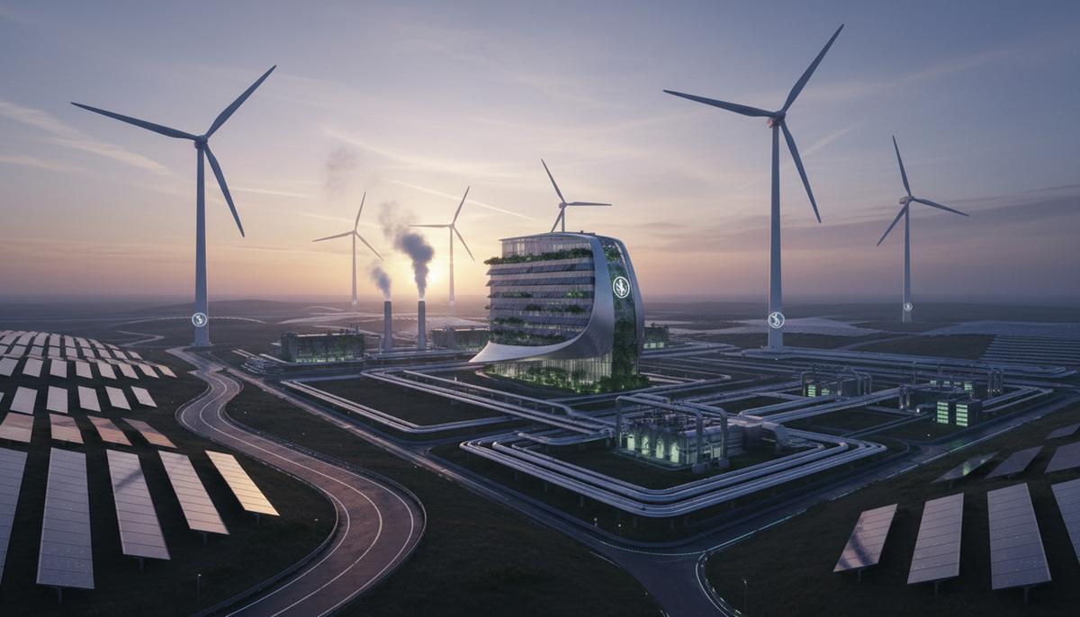 Siemens Energy сменит название на Omterra в рамках завершения отделения Современный энергетический комплекс с ветряными турбинами и промышленной инфраструктурой на фоне утреннего неба.