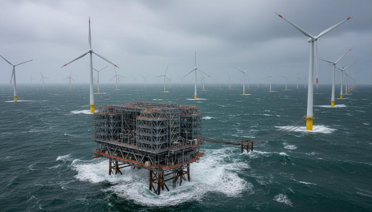 Hitachi Energy и L&T соединят ветропарки Северного моря с сетями ЕС Морская трансформаторная платформа и ветровые турбины в водах Северного моря на фоне пасмурного неба.