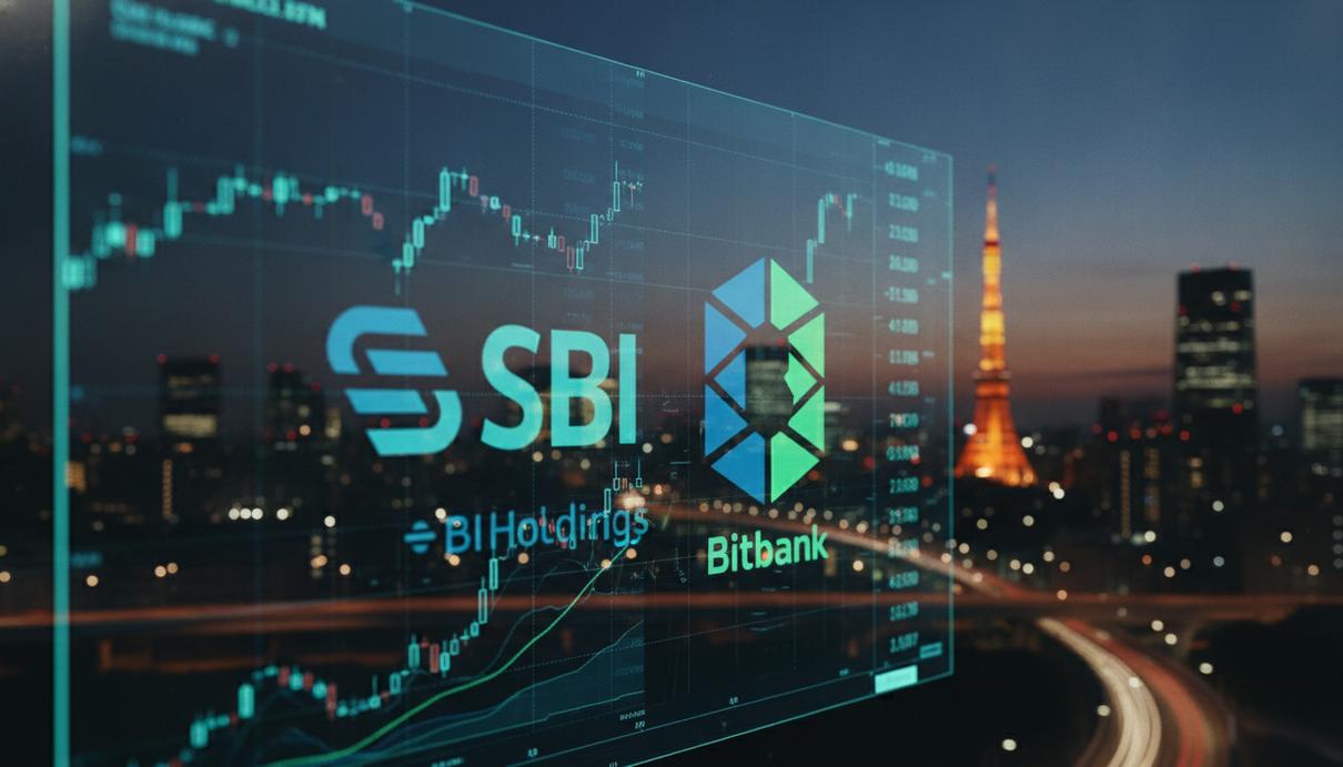 Прозрачный цифровой экран с логотипами SBI Holdings и Bitbank на фоне вечернего Токио и графиков криптовалют.