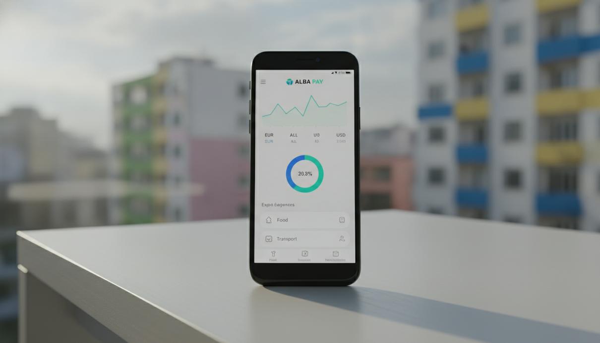 В Албании начал работу полностью цифровой Jet Bank Экран смартфона с интерфейсом банковского приложения на фоне размытого городского пейзажа столицы Албании Тираны.