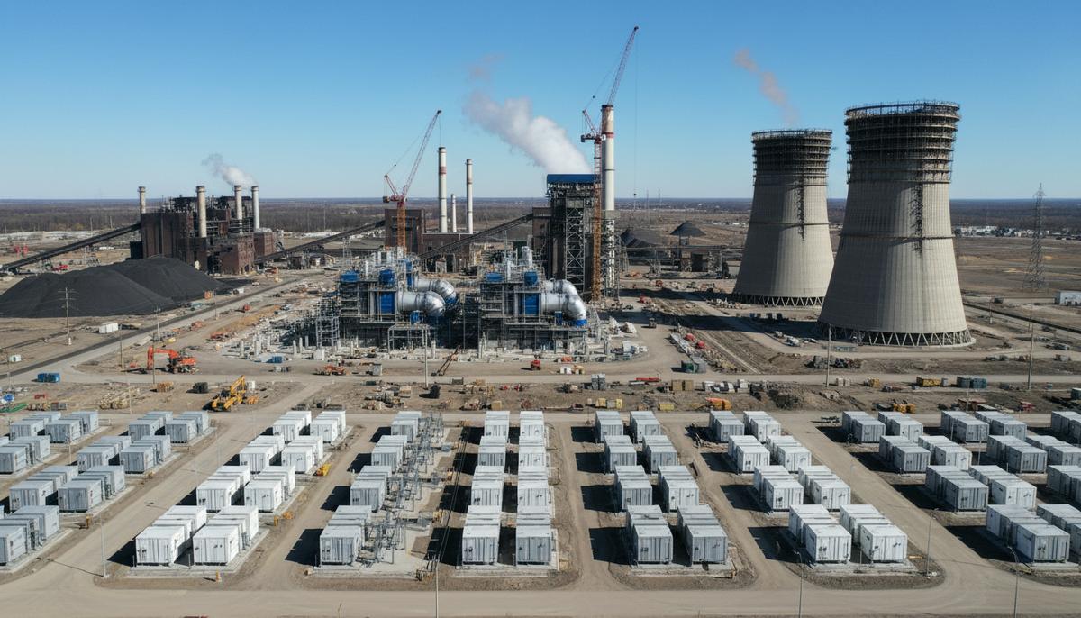 Строительство современной газовой электростанции с турбинами и трубами рядом с аккумуляторным комплексом.