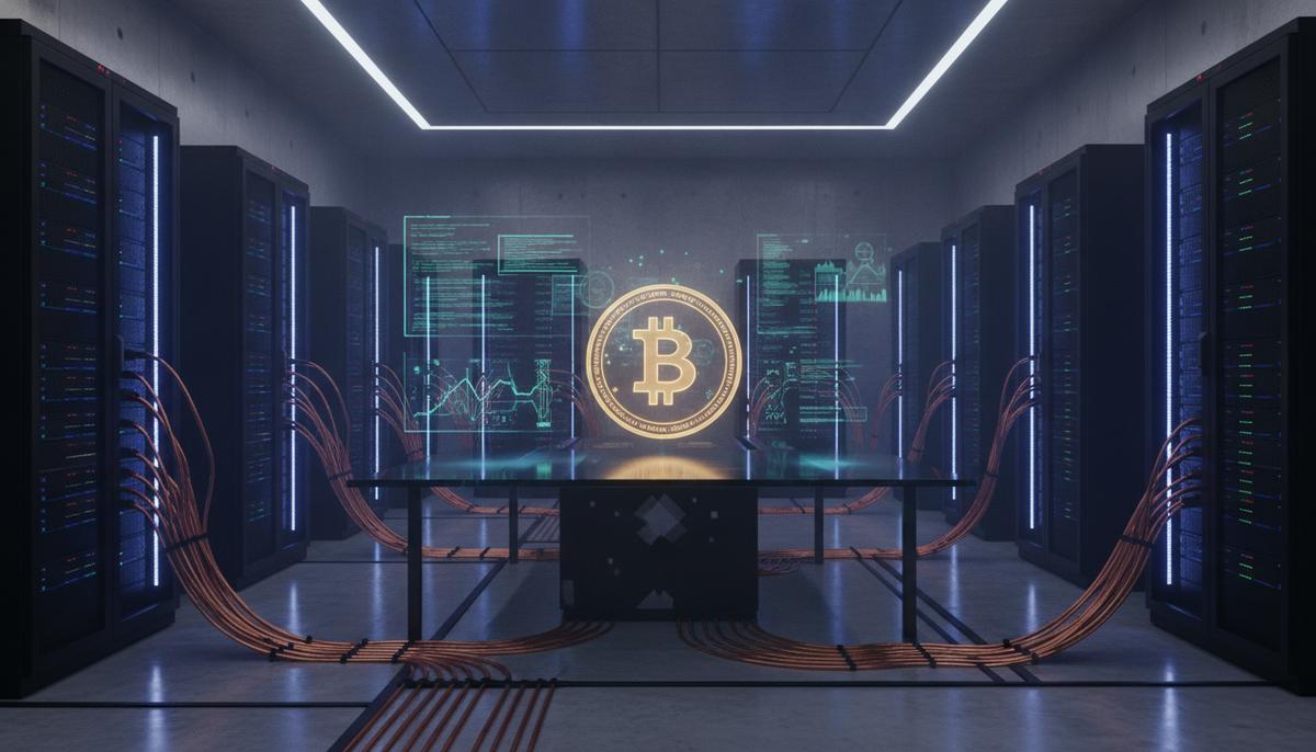 Mastercard завершила покупку криптоплатформы BVNK за 1,8 млрд долларов Темная серверная комната со светящимися сетевыми кабелями и стеклянный стол со светящейся цифровой монетой.