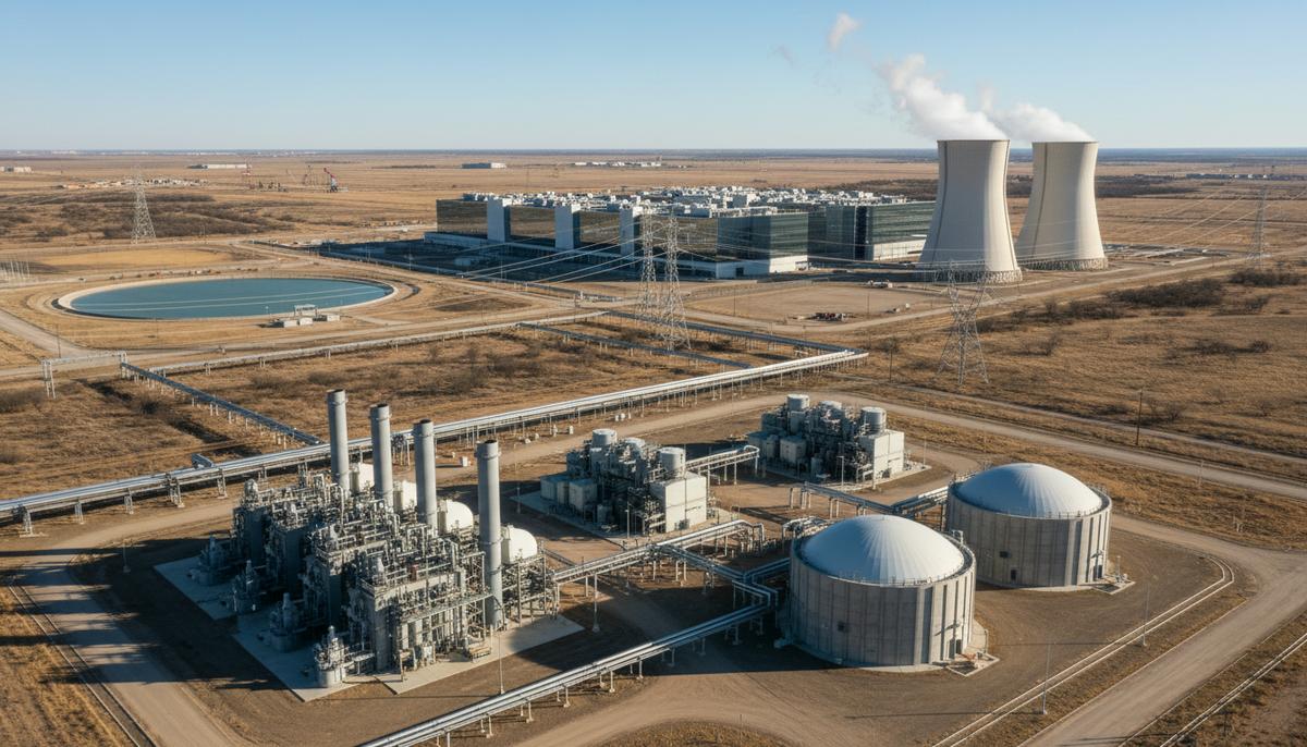Современная гибридная электростанция с газовыми турбинами, компактными ядерными реакторами, ЛЭП и трубопроводами.
