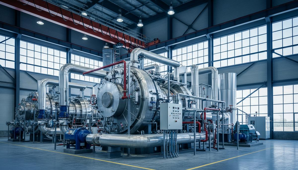 Промышленная газовая турбина и металлические трубопроводы внутри машинного зала современной электростанции.