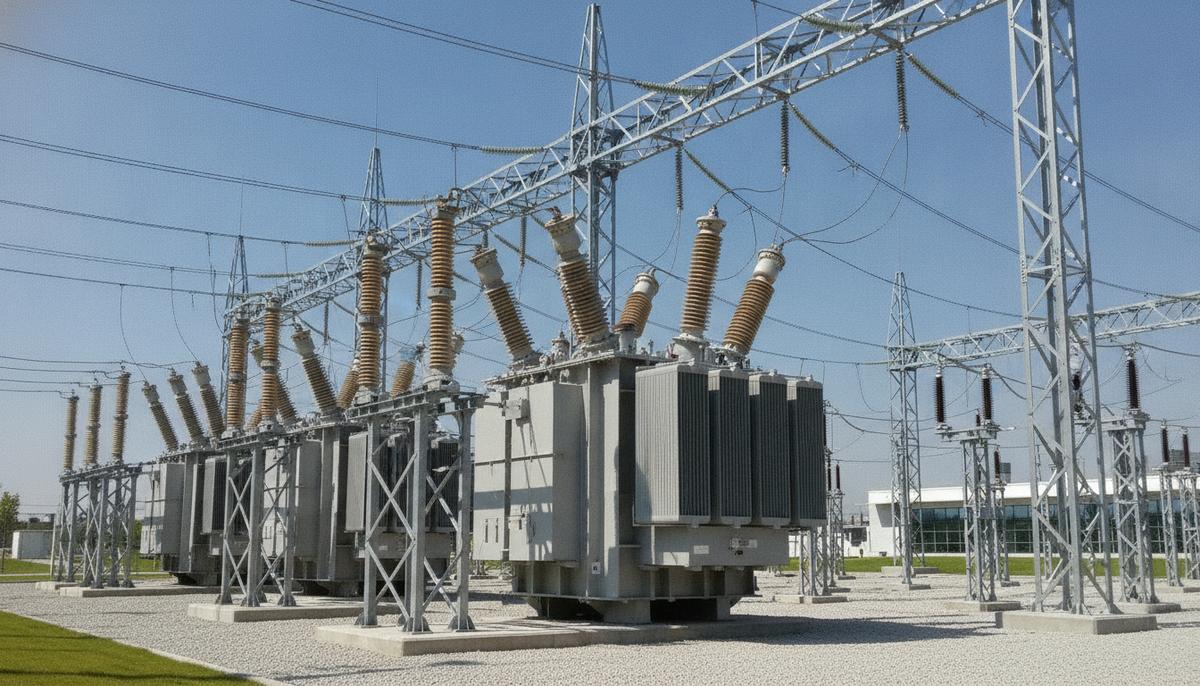 Hitachi Energy поставит трансформаторы для сетей Франции на 350 млн евро Промышленные силовые трансформаторы и распределительное оборудование на современной электрической подстанции.