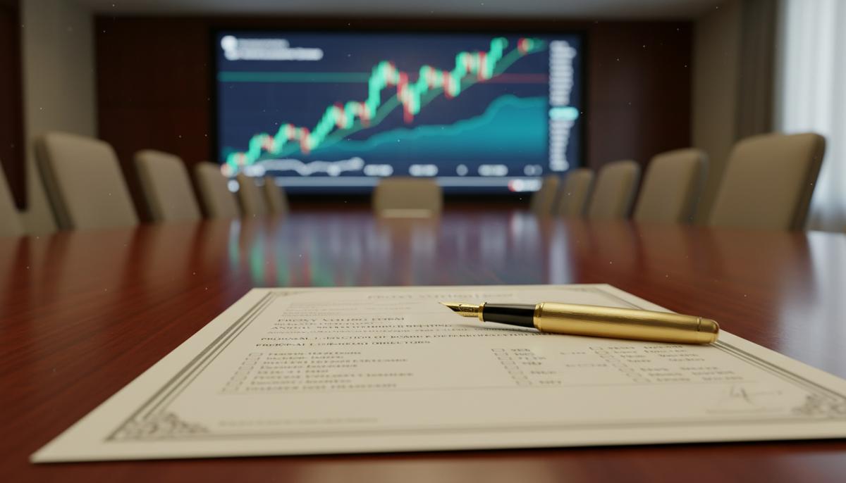 Goldman Sachs внедрил систему автоматического голосования для акционеров Бумажный документ для голосования и перьевая ручка на деревянном столе на фоне экрана с биржевыми графиками.