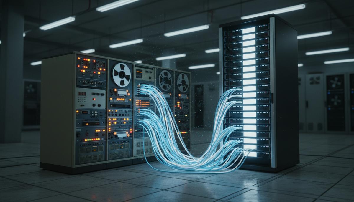 Thought Machine и AWS ускорят миграцию банковских систем с помощью ИИ Старый компьютерный мейнфрейм, соединенный светящимися оптоволоконными кабелями с современным сервером в дата-центре.