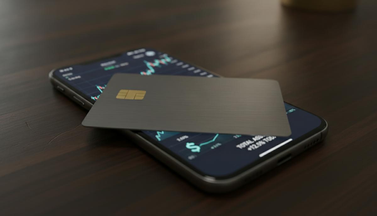 Современная банковская карта с чипом лежит на экране смартфона с финансовыми графиками на деревянном столе.