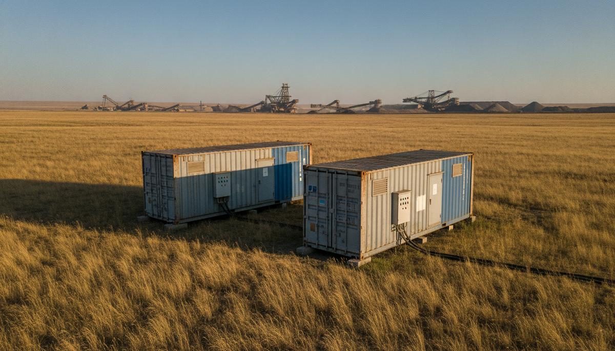 Промышленные газовые генераторы в металлических контейнерах на территории отдаленного рудника в степи.